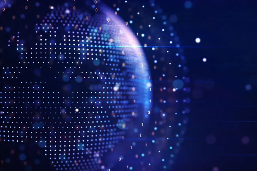 Abstract digital globe with data points suggesting global transformation and connectivity.